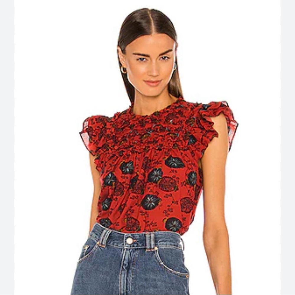 Ulla Johnson Erin, red poppy floral, short sleeve ruffle top, cotton, viscose 6